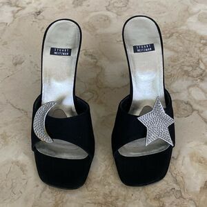 Stuart Weitzman Black Satin Heels Silver Rhinestone Moon & Star Mule Sandals